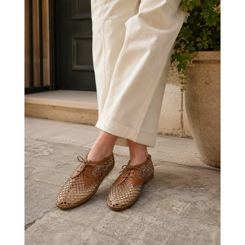 Tuckernuck Metallic Netting Leather Lace-Up Oxford Flats Portugal Sz. 10.5